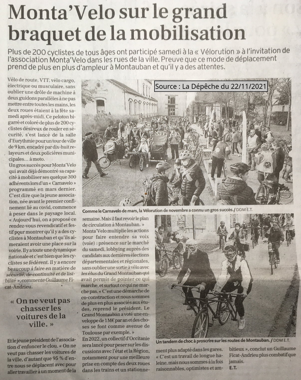 2021 11 22 article La Depeche du Midi Monta Velo