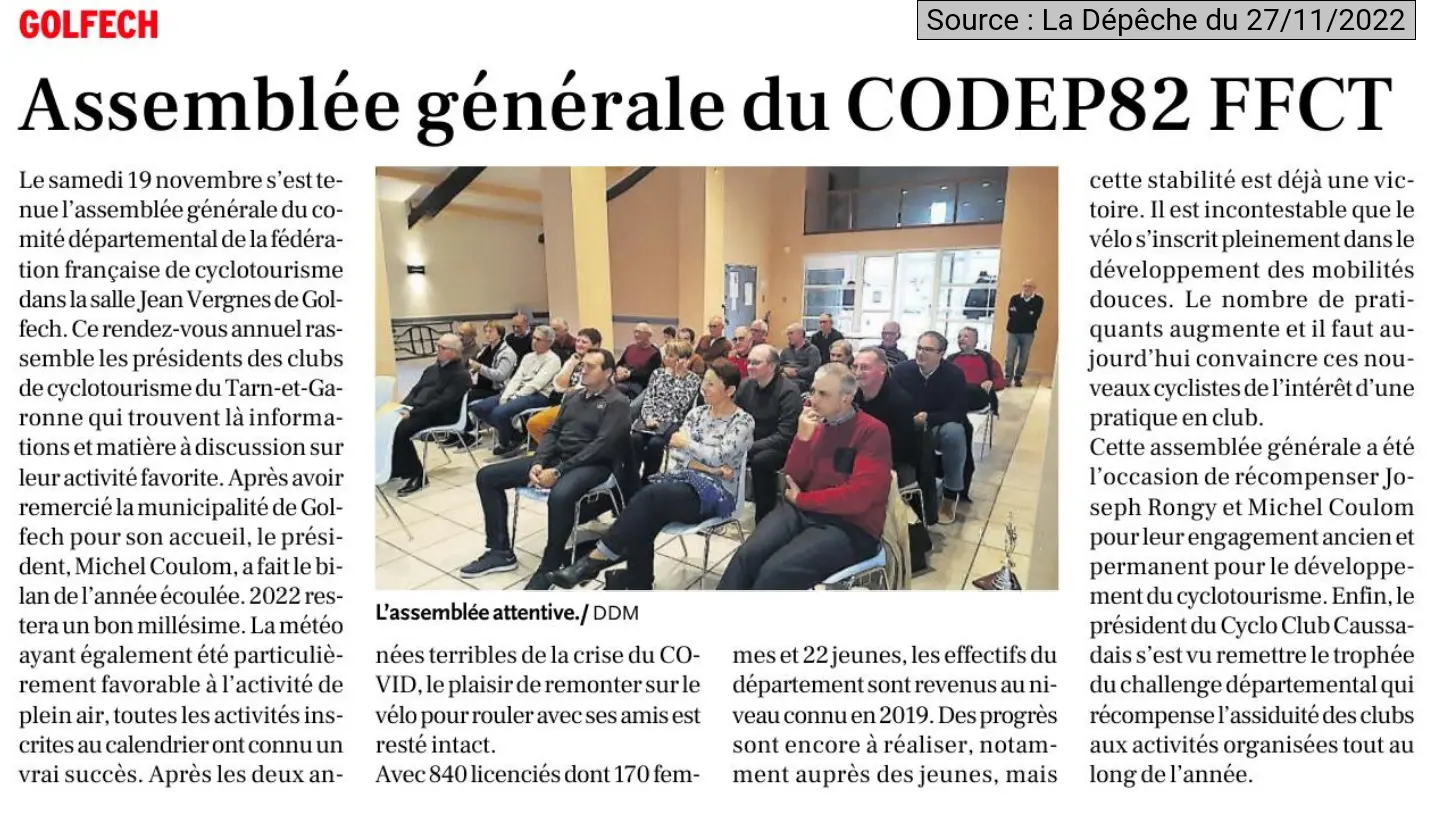 2022 11 27 Article La Depeche AG 2022 CoDep 82 cyclotourisme
