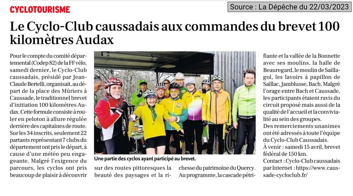 2023 03 22 article presse brevet audax 100km cyclo club caussadais