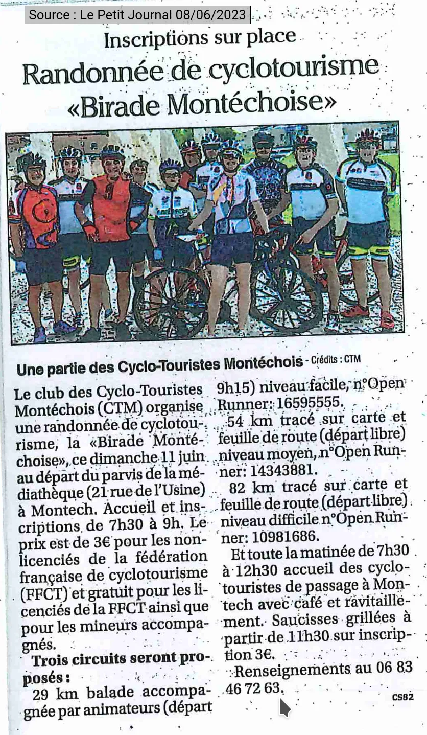 2023 06 08 article presse annonce Petit Journal rando CTM birade montechoise