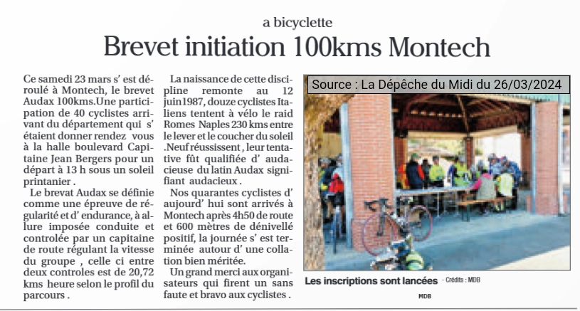 2024 03 26 article presse Audax 100 Cyclo touristes montechois CTM