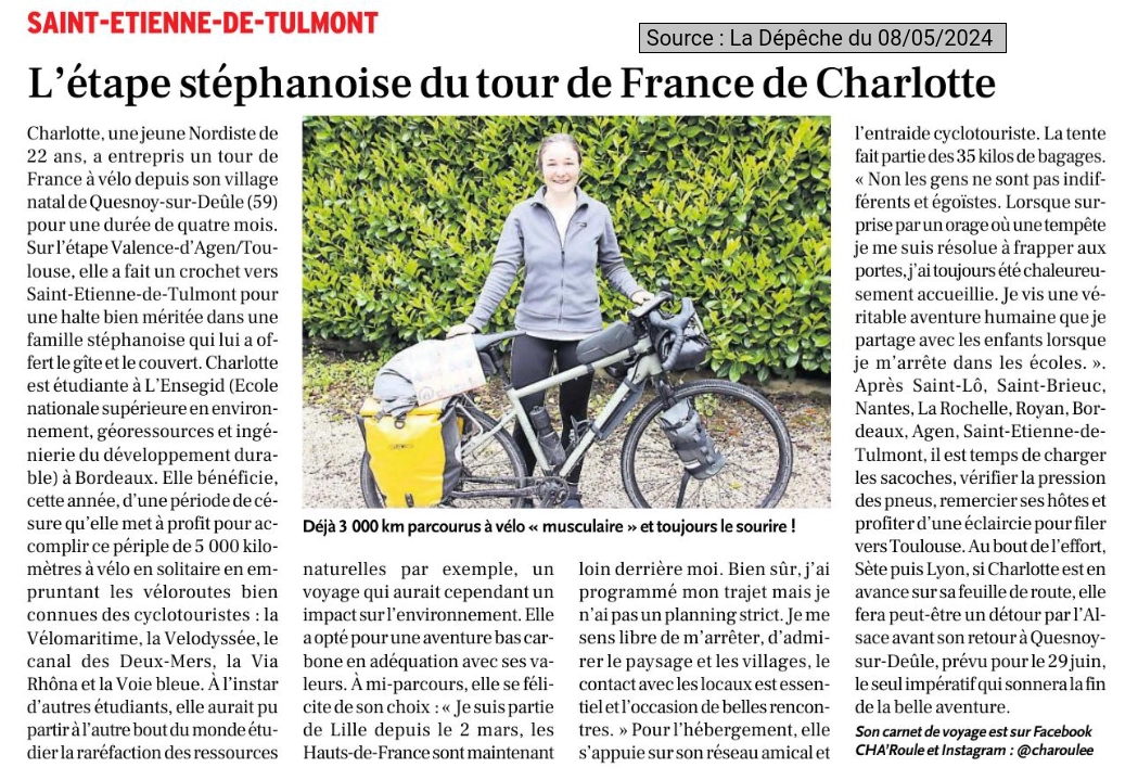 2024 05 05 article presse la Depeche une nordiste de passage a Saint Etienne de Tulmont