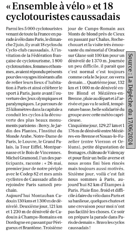 2024 06 17 article presse Cyclo club caussadais ensemble a velo a Paris 02