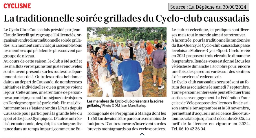 2024 06 30 Article La Depeche soiree grillades au cyclo club caussadais