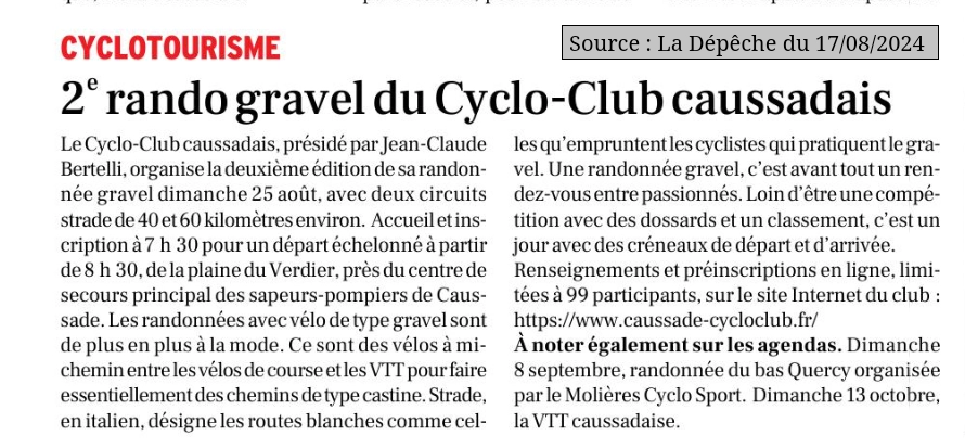 2024 08 17 article presse annonce rando gravel Cyclo club caussadais