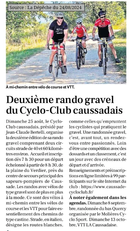 2024 08 24 article presse annonce rando gravel Cyclo club caussadais