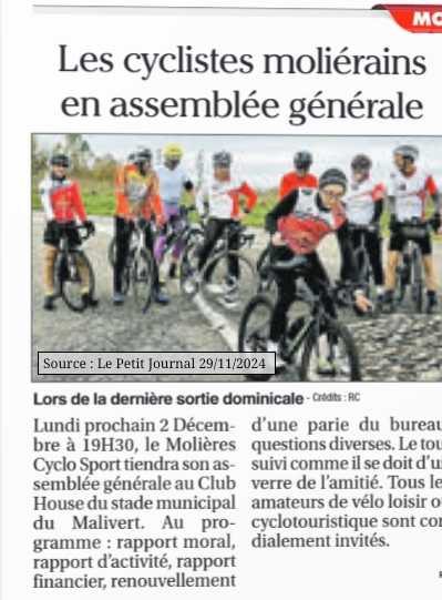 2024 11 29 Article Petit Journal annonce AG 2024 Molieres Cyclisme