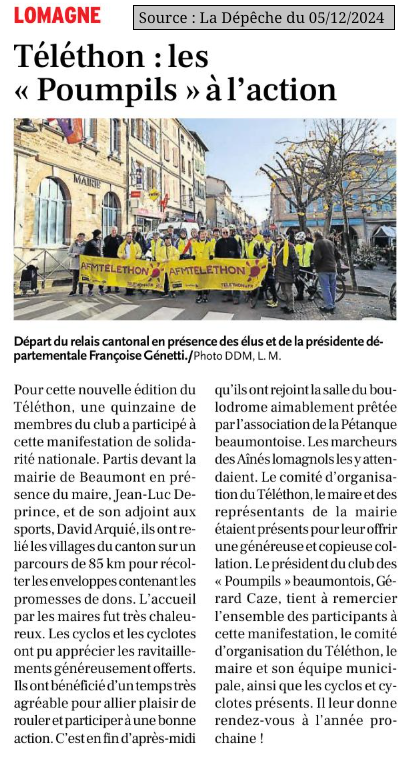 2024 12 05 article presse La Depeche club Poumpils Beaumontois Telethon 2024