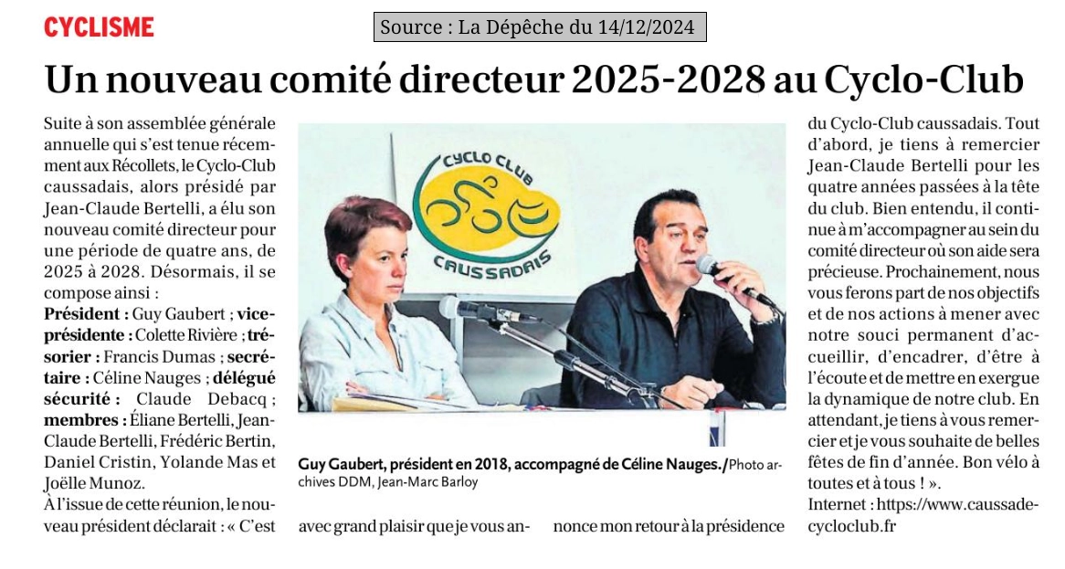 2024 12 14 article La Depeche AG nouveau bureau cyclo club caussadais