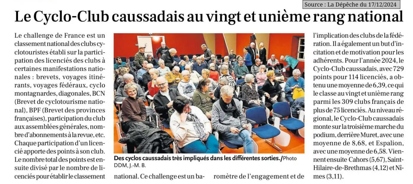 2024 12 20 article La Depeche classement challenge de France cyclo club caussadais