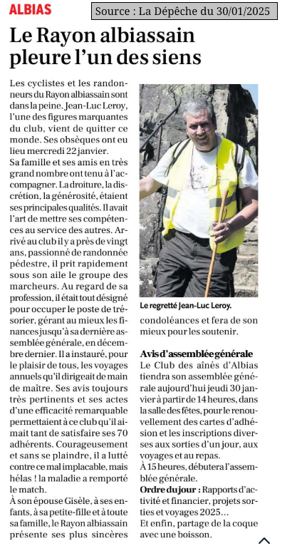 2025 01 30 Article La Depeche Rayon Albiassain avis deces