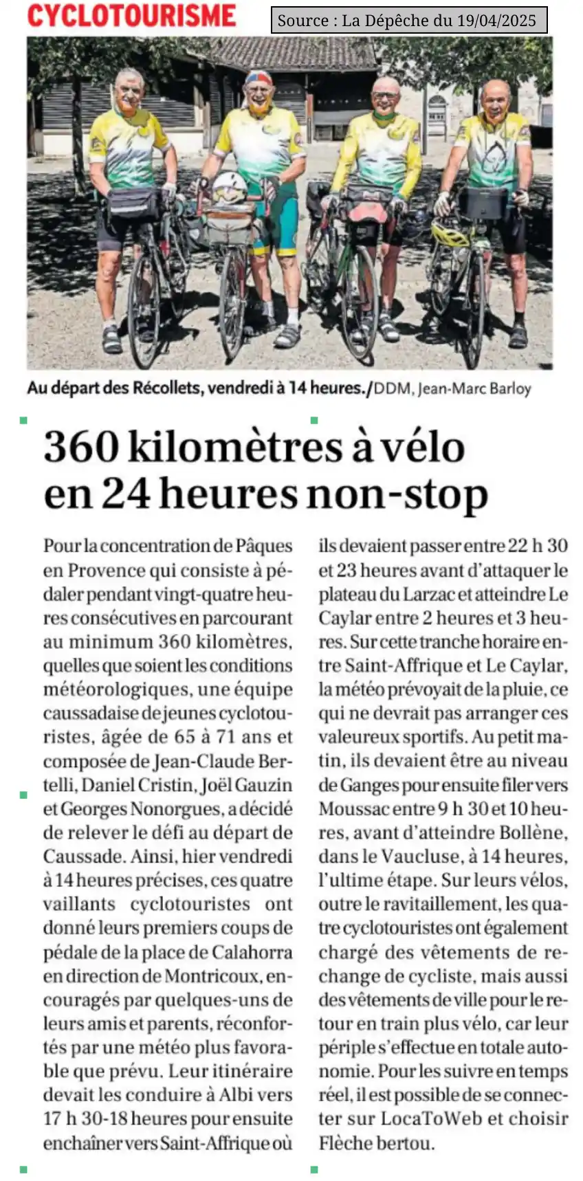 2025 04 19 article presse La Depeche trois cyclotouristes caussadais participent a la Fleche Pascale