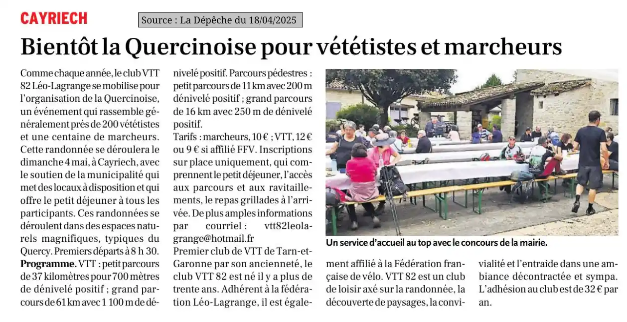 2025 04 18 article presse rando VTT et pedestre la Quercinoise
