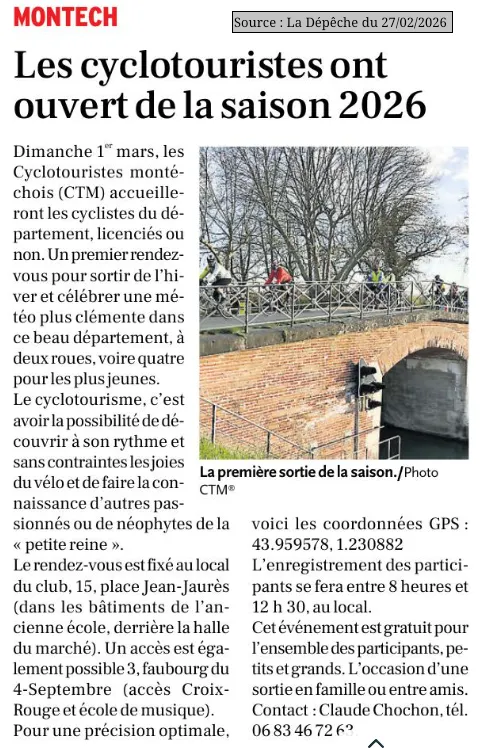 2026 02 27 article presse annonce ouverture saison cyclotouriste montech CTM